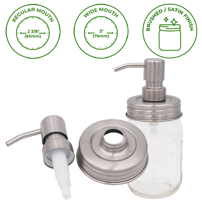 Satin / Brushed Finish Soap Pump Dispensers for Mason Jars