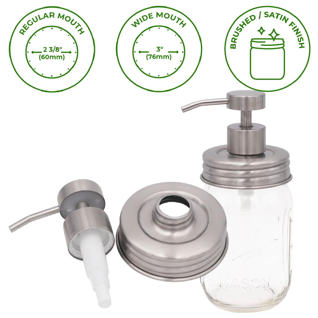 Satin / Brushed Finish Soap Pump Dispensers for Mason Jars